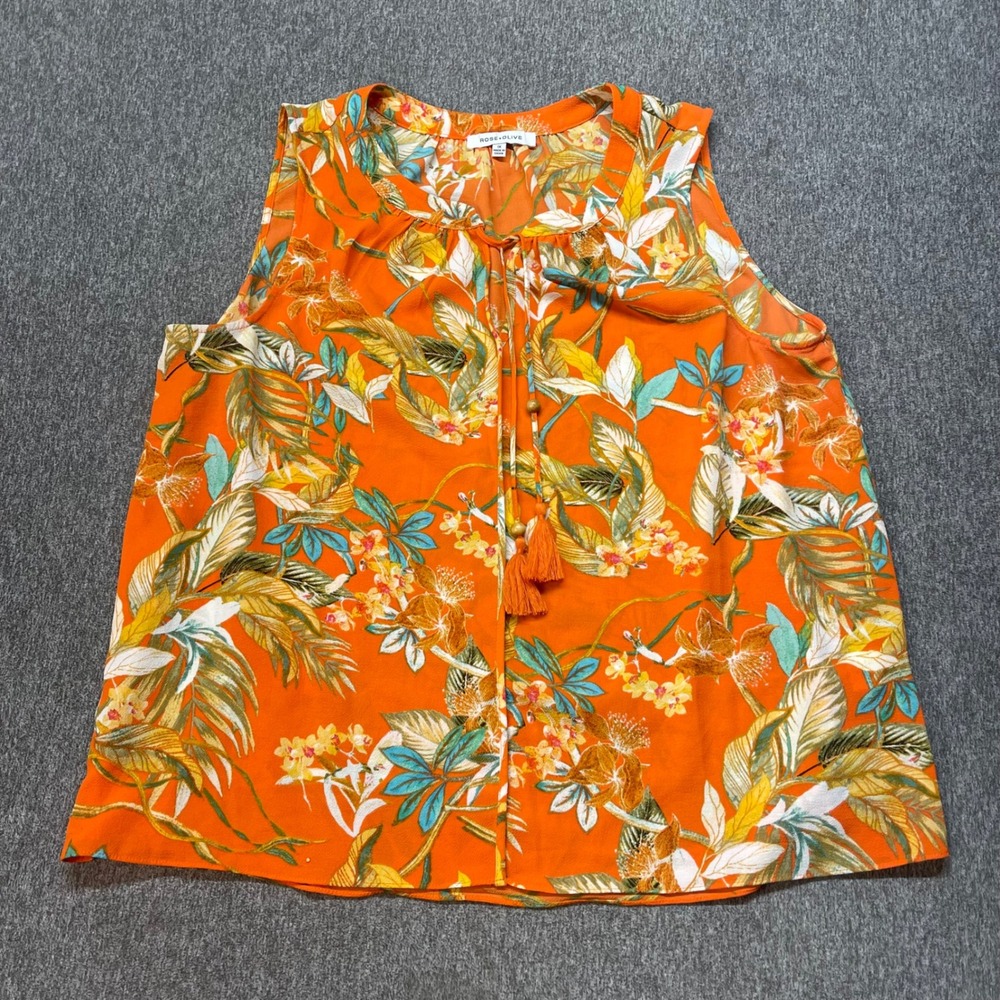 Rose + Olive Womens 1X Orange Tropical Floral Tassel Tie Sleeveless Blouse Top